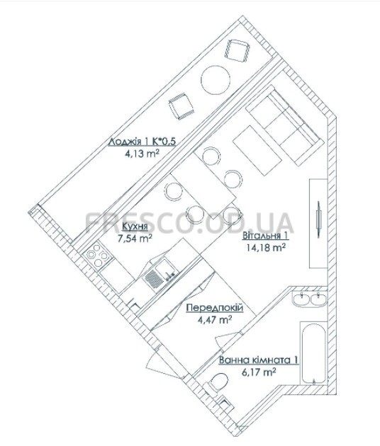 36,49 кв.м ЖК Kandinsky Residence (Кандинський) однокімнатна Планування 