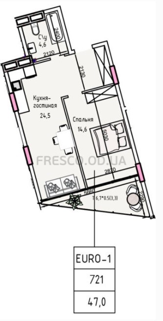 47 кв.м Простір Ibiza Apartments однокімнатна Смарт однокімнатна Планування