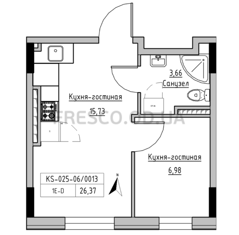 Однокімнатна 26,37 m²